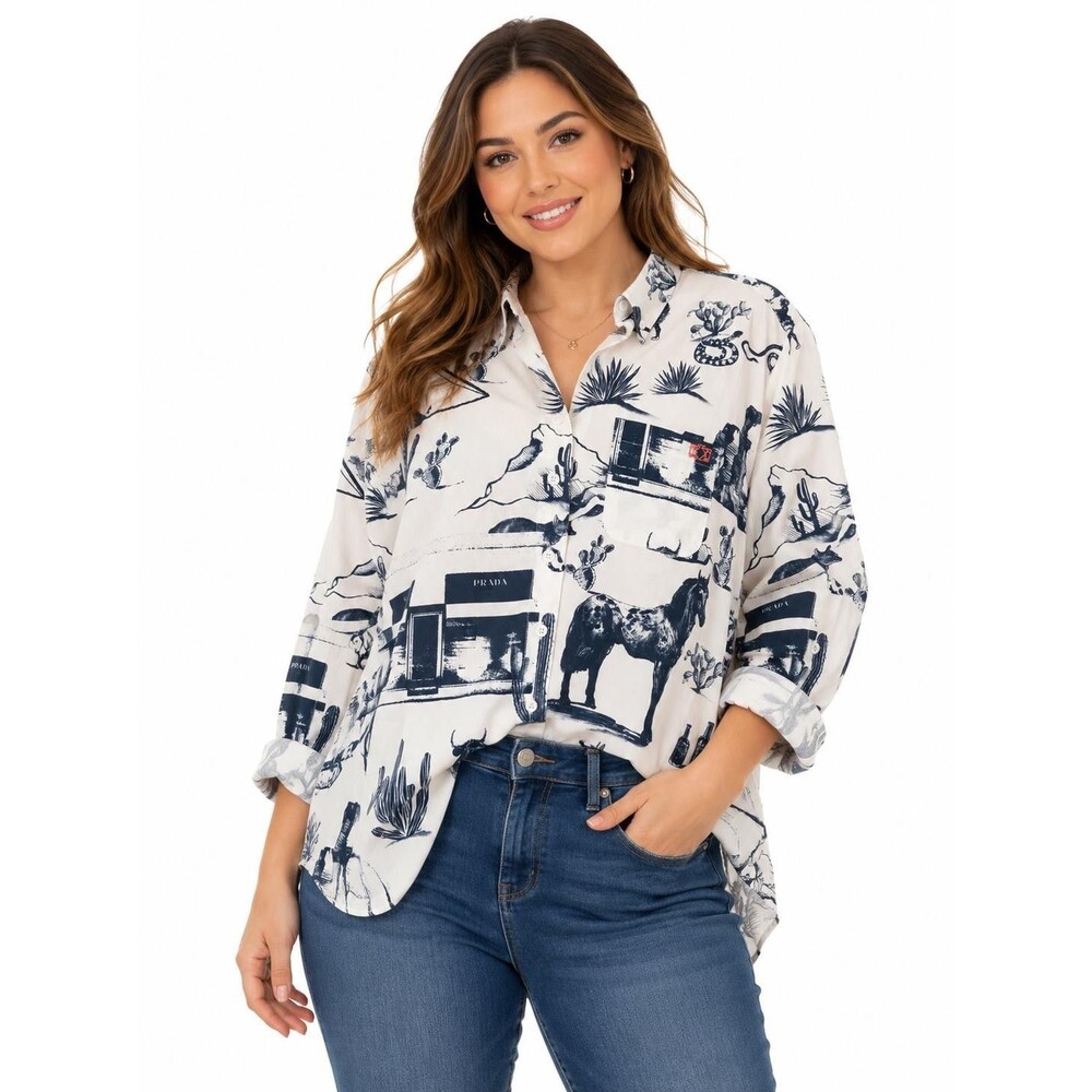 Katie Kime Womens Western  Toile Button Down Shlrt White Navy Print XL